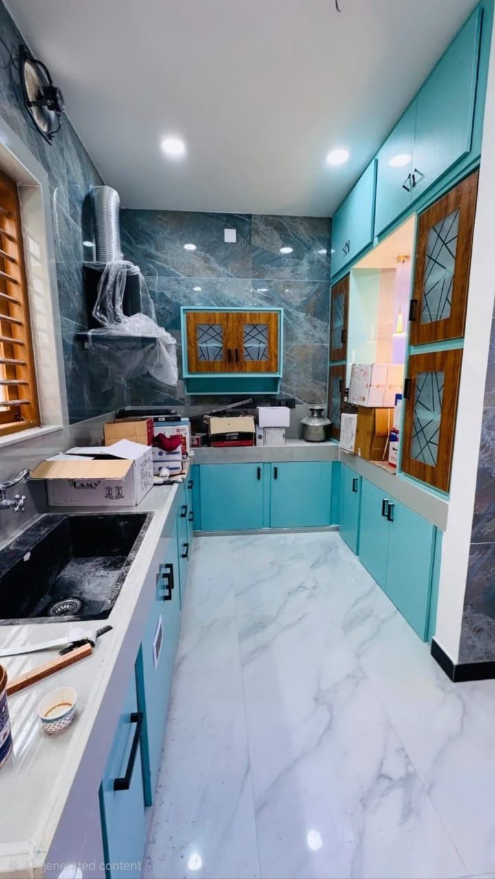 Teal L-shaped PVC/uPVC modular kitchen with wood-look glass cabinet and marble-finish flooring