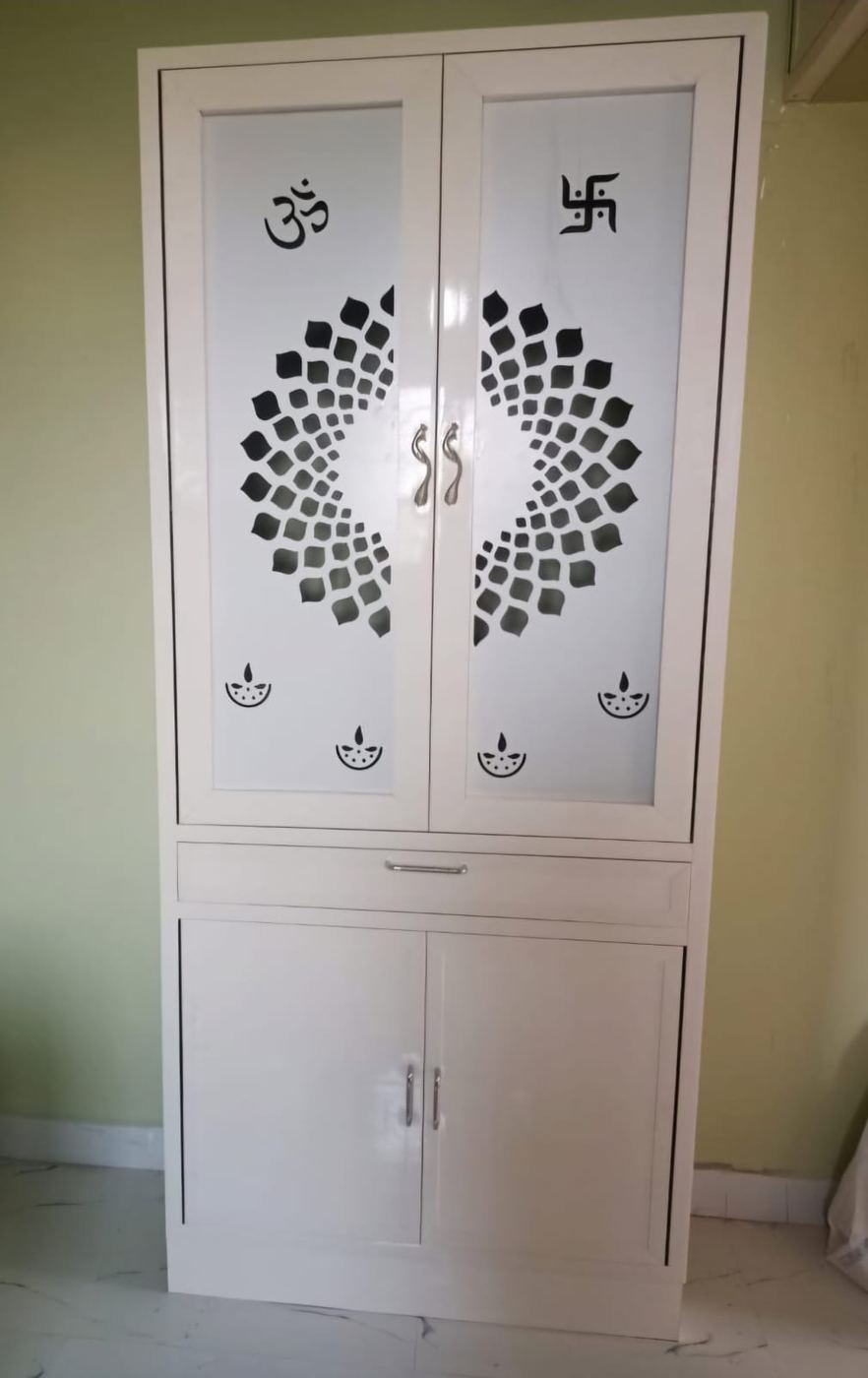 Grey-blue corner PVC/uPVC pooja unit installed by No More Wood in Chennai