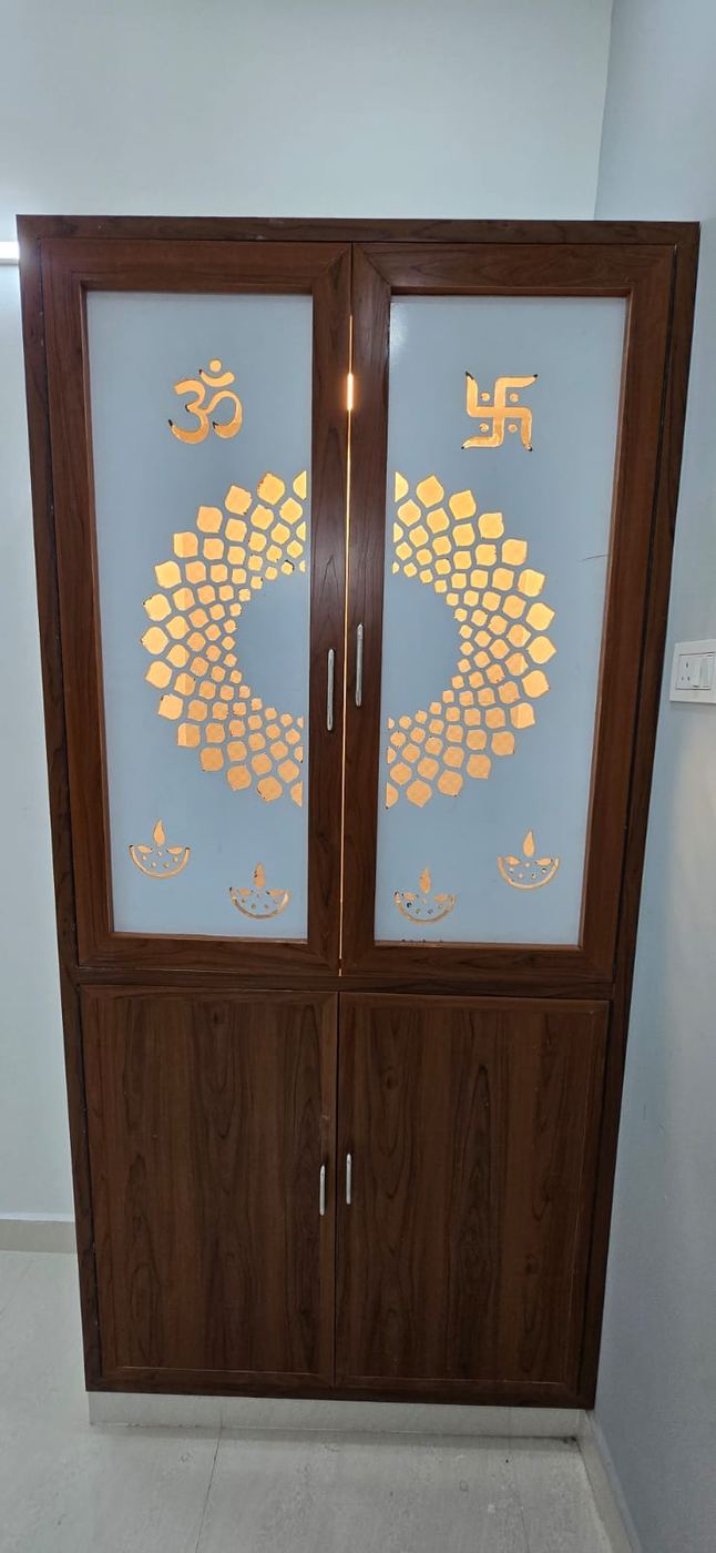 Grey-blue wall-mounted PVC/uPVC pooja unit installed by No More Wood in Chennai