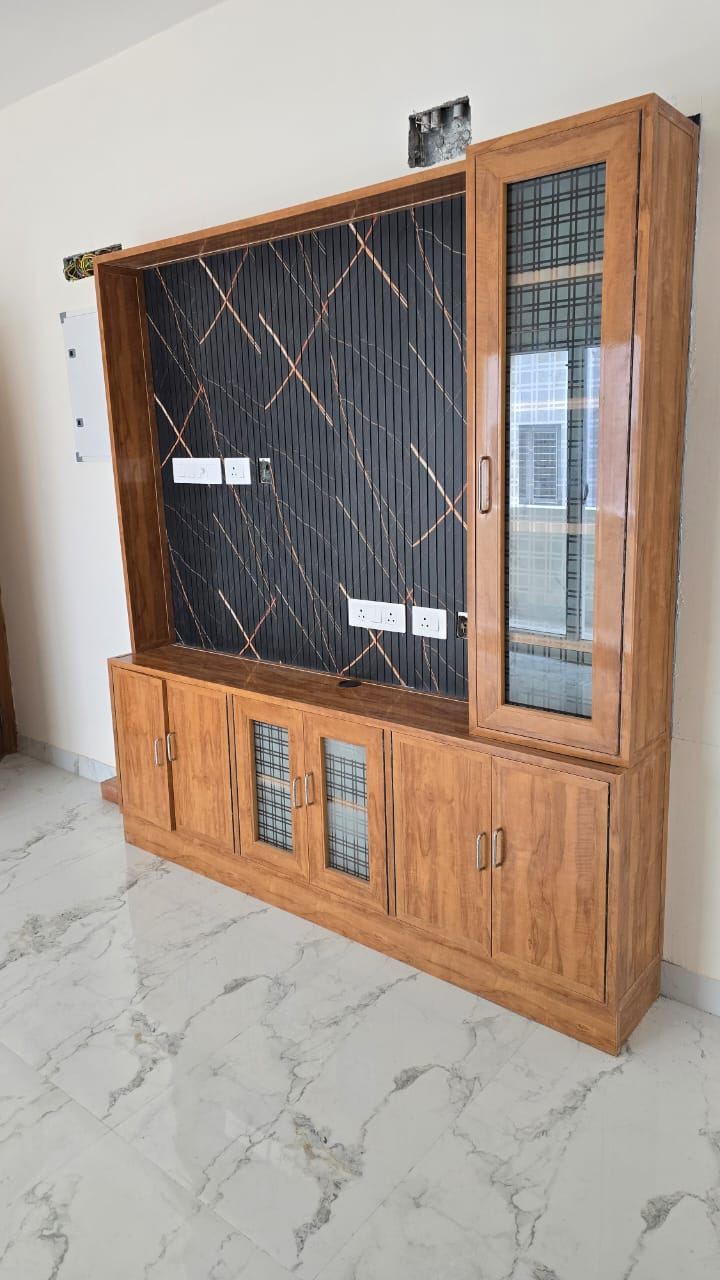 Sage-grey PVC/uPVC TV unit and wall panelling installed by No More Wood in Chennai